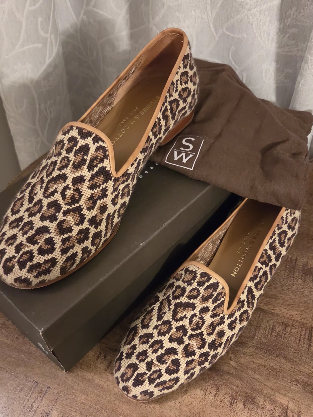 Stubbs & Wootton Jane Leopard Needlepoint Slippers Loafers - Size 9.5